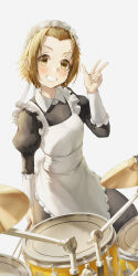 1girl absurdres apron black_dress blush brown_eyes brown_hair chinese_commentary commentary_request dress drum drum_set grin highres instrument k-on! long_sleeves maid maid_apron maid_headdress puffy_long_sleeves puffy_sleeves short_hair simple_background smile standing tainaka_ritsu teeth user_purg4332 w white_background