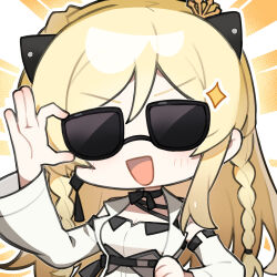 Rule 34 | 1girl, :d, adjusting eyewear, artist request, black ribbon, blonde hair, braid, chibi, chibi only, chinese commentary, girls&#039; frontline, girls&#039; frontline neural cloud, hair ribbon, hand on own hip, long hair, luna (neural cloud), official art, open mouth, ribbon, second-party source, smile, solo, sparkle, sunglasses