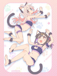 2girls :d absurdres animal_ear_fluff animal_ears armpits black_hair blush bra breasts brown_eyes cat_cutout cat_ears cat_lingerie cat_tail cleavage_cutout clothing_cutout collarbone commentary_request fang feet frilled_bra frilled_panties frills grey_hair hair_ornament hair_ribbon hairclip hands_up highres long_hair looking_at_another looking_at_viewer matado_(almukha) medium_breasts medium_hair meme_attire multicolored_hair multiple_girls navel onii-chan_wa_oshimai! open_mouth oyama_mahiro oyama_mihari panties paw_pose paw_print paw_print_background pink_hair purple_bra purple_hair purple_panties red_ribbon ribbon siblings sisters skin_fang small_breasts smile soles star_(symbol) star_symbol_background streaked_hair tail tail_raised underwear wavy_mouth