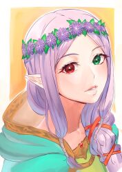 1girl aduti_momoyama braid breasts dress fire_emblem fire_emblem:_the_binding_blade fire_emblem_heroes flower gold_trim green_eyes hair_ornament head_wreath heterochromia highres hood idunn_(divine_demon)_(fire_emblem) idunn_(fire_emblem) light_persona long_hair looking_at_viewer nintendo official_alternate_costume official_alternate_hairstyle open_mouth parted_lips pointy_ears purple_hair red_eyes simple_background smile solo upper_body