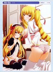 2girls :&lt; absurdres ass black_thighhighs blonde_hair breast_hold breasts cameltoe drill_hair frilled_legwear gothic_lolita hair_ribbon highres large_breasts lolita_fashion long_hair multiple_girls panties red_eyes ribbon sin-go striped_clothes striped_panties thighhighs underwear white_thighhighs