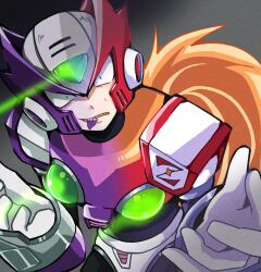 Rule 34 | 2boys, absurdres, armor, blonde hair, chest jewel, commentary, forehead jewel, glowing, helmet, highres, long hair, male focus, mega man (series), mega man x (series), meshiuma0x, multiple boys, ponytail, purple armor, purple hair, purple helmet, red armor, red helmet, sharp teeth, shoulder armor, teeth, tongue, tongue out, upper body, zero (mega man), zero nightmare (mega man)