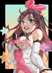 1girl blue_eyes blush bow_hairband breasts brown_hair buttons commentary detached_sleeves dress english_commentary hairband highres iamzoof kizuna_ai kizuna_ai_inc. lace-trimmed_sleeves lace_trim medium_breasts multicolored_dress multicolored_hair nose_blush paid_reward_available pink_hair pink_hairband sideboob solo star_(symbol) streaked_hair teeth upper_body upper_teeth_only virtual_youtuber white_sleeves
