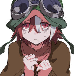1girl bags_under_eyes brown_capelet capelet clenched_hands closed_mouth commentary_request frown goggles goggles_on_headwear hair_between_eyes helmet kometubu0712 looking_at_viewer made_in_abyss multicolored_hair partial_commentary pink_scarf red_eyes red_hair scarf short_hair simple_background sketch solo streaked_hair sweat two-tone_hair upper_body vueko white_background white_hair