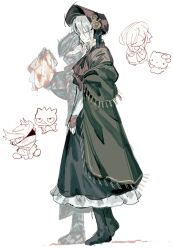 Rule 34 | 1boy, 1girl, akechisu1, badtz-maru, bird, blood, blood on face, bloodborne, bonnet, chibi, cloak, closed eyes, crossover, fingerless gloves, from side, gloves, hat, hello kitty, hello kitty (character), highres, hunter (bloodborne), lolita fashion, long skirt, penguin, plain doll, sanrio, skirt