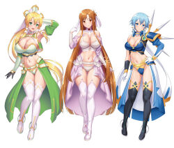 3girls armor armpits asuna_(sao) asuna_(stacia)_(sao) bikini bikini_armor blonde_hair blue_armor blue_eyes blue_hair boots braid breasts brown_eyes brown_hair cleavage collarbone gloves gluteal_fold green_eyes half_gloves half_up_braid highleg highleg_bikini highres hip_armor kawase_seiki large_breasts leafa_(sao) leafa_(terraria)_(sao) long_hair looking_at_viewer medium_breasts multiple_girls navel open_mouth ribbon short_hair_with_long_locks simple_background single_shoulder_pad sinon sinon_(solus) smile stomach swimsuit sword_art_online sword_art_online:_alicization sword_art_online:_alicization_-_war_of_underworld thigh_boots thigh_gap thighhighs thighs very_long_hair white_armor white_background white_gloves white_ribbon white_thighhighs