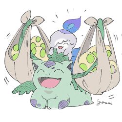 Rule 34 | animal focus, closed eyes, commentary, egg, fang, full body, gen 1 pokemon, gen 5 pokemon, happy, holding, ivysaur, litwick, nintendo, no humans, nostrils, open mouth, plant, pokemon, pokemon (creature), pokemon egg, signature, simple background, vines, white background, yasaikakiage
