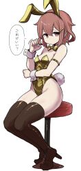 1girl animal_ears bare_shoulders black_thighhighs blush breasts brown_eyes brown_hair chair detached_collar fake_animal_ears gold_bowtie gold_leotard gold_ribbon hair_between_eyes highres ikazuchi_(kancolle) kantai_collection leotard looking_at_viewer playboy_bunny rabbit_ears rabbit_tail short_hair sitting small_breasts solo strapless strapless_leotard tail thighhighs unagiman white_background wrist_cuffs