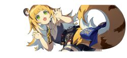 1girl :3 animal_ear_fluff animal_ears belt black_background black_shorts blonde_hair blunt_bangs bow claw_pose collared_shirt colored_inner_hair cowboy_shot fang fangs green_eyes grey_shirt highres ju_fufu letterboxed long_hair looking_at_viewer looking_back mindscape_cinema_(zenless_zone_zero) multicolored_hair necktie official_art open_mouth ribbon shirt short_shorts shorts simple_background sleeveless sleeveless_shirt smile solo tail tail_bow tail_ornament tail_ribbon thigh_strap tiger_ears tiger_girl tiger_tail white_hair zenless_zone_zero