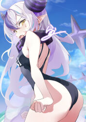 1girl absurdres ahoge alternate_costume ass black_horns blue_sky blush braid braided_bangs breasts cloud collar commentary day demon_girl demon_horns double-parted_bangs fang grey_hair highres hololive horns la+_darknesss laudayon long_hair looking_at_viewer median_furrow metal_collar multicolored_hair one-piece_swimsuit open_mouth outdoors pointy_ears purple_hair school_uniform shoulder_blades skin_fang sky slit_pupils small_breasts solo streaked_hair striped_horns swimsuit tail very_long_hair virtual_youtuber yellow_eyes