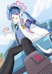 1girl :3 :d absurdres antenna_hair aqua_hair armband black_pantyhose blue_archive blue_armband blue_hair blue_hat blue_necktie blue_sky blue_vest bow buttons car collared_shirt commentary convenient_leg day donut dutch_angle eyes_visible_through_hair food foot_out_of_frame foreshortening from_below fubuki_(blue_archive) hair_bow hair_ornament halo hand_up hat heart heart_hair_ornament highres holding holding_donut holding_food jacket lcz long_hair long_sleeves looking_at_viewer looking_down motor_vehicle multicolored_hair necktie on_car open_clothes open_jacket open_mouth outdoors pantyhose parted_bangs pink_halo police police_hat police_uniform policewoman red_eyes shirt shoe_soles sidelocks sitting sky smile solo streaked_hair symbol-only_commentary teeth tsurime twintails two-tone_hair upper_teeth_only very_long_hair vest white_bow white_jacket white_shirt