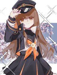 1girl black_hat black_jacket black_sailor_collar black_skirt black_sweater brown_eyes brown_hair commentary_request fate/extra fate/grand_order fate_(series) hat highres jacket kishinami_hakuno_(female) kishinami_hakuno_(female)_(mooncancer) long_hair long_sleeves military_hat neckerchief open_clothes orange_neckerchief ribbed_sweater sailor_collar shirt skirt solo sweater turtleneck turtleneck_sweater user_eswk8855 very_long_hair white_shirt