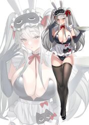 1girl aggietea alternate_costume animal_ears apron between_breasts blush breasts elbow_gloves frilled_apron frills frima_(nikke) gloves goddess_of_victory:_nikke grey_hair groin high_heels highres holding holding_tray large_breasts leotard long_hair looking_at_viewer playboy_bunny rabbit_ears red_ribbon ribbon sidelocks sleep_mask solo thighhighs tray twintails white_background yellow_eyes zoom_layer