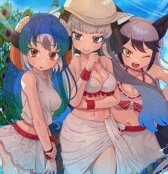 3girls bikini bird_tail black_hair blue_hair blue_lips breasts cleavage frilled_bikini frills green_hair grey_eyes grey_hair hat highres kedama_(ughugjydthjdf) kemono_friends kemono_friends_3 komodo_dragon_(kemono_friends) lizard_tail long_hair looking_at_viewer medium_breasts monster_girl multicolored_hair multiple_girls navel one_eye_closed open_mouth orange_hair peacock_feathers peafowl_(kemono_friends) scales silver_fox_(kemono_friends) smile sun_hat swimsuit tail white_bikini white_hat yellow_eyes
