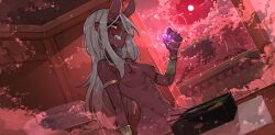 1girl after_fellatio arm_tattoo armband bento chopsticks colored_skin commission cum cumdrip demon_girl facial_hair female_focus food grin hand_up highres horns long_hair nipples orange_eyes original outdoors red_skin rice shuuko_(s_h_uuko) smile solo tattoo teeth towel white_hair wrist_cuffs