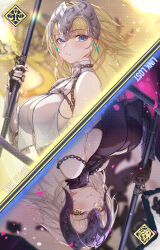 2girls absurdres armor armored_dress bare_shoulders black_dress blonde_hair blue_eyes blush breast_curtains breasts chain collar dress fate/apocrypha fate/grand_order fate_(series) flag gauntlets grey_hair headpiece highres jeanne_d&#039;arc_(fate) jeanne_d&#039;arc_(ruler)_(fate) jeanne_d&#039;arc_(third_ascension)_(fate) jeanne_d&#039;arc_alter_(avenger)_(fate) jeanne_d&#039;arc_alter_(avenger)_(third_ascension)_(fate) jeanne_d&#039;arc_alter_(fate) large_breasts long_hair looking_at_viewer metal_collar multiple_girls polearm ura_illust very_long_hair weapon white_dress yellow_eyes