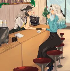 2girls alternate_costume apron aqua_hair aqua_sweater bar_stool black_gloves black_ribbon black_skirt braid cafe collared_shirt commentary commission cup disposable_coffee_cup disposable_cup drinking english_commentary firefly_(honkai:_star_rail) gloves gradient_hair grey_hair hair_ribbon half_up_braid heart highres holding holding_cup honkai:_star_rail honkai_(series) long_hair long_skirt mug multicolored_hair multiple_girls on_stool ribbon seijousai shirt sitting skirt smile stelle_(honkai:_star_rail) stool sweater trailblazer_(honkai:_star_rail) turtleneck turtleneck_sweater two-tone_hair visor_cap white_shirt