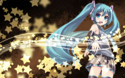 1girl aqua_eyes aqua_hair asu_hare bad_id bad_pixiv_id detached_sleeves female_focus hatsune_miku headset highres long_hair looking_at_viewer looking_back necktie panties pantyshot skirt smile solo star_(symbol) striped_clothes striped_panties thighhighs twintails underwear upskirt very_long_hair vocaloid zettai_ryouiki