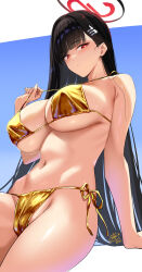 1girl alternate_costume bikini black_hair blue_archive blunt_bangs blush breasts bright_pupils commentary gold_bikini hair_ornament hairclip halo highres large_breasts long_hair navel okitakung parted_lips red_eyes rio_(blue_archive) side-tie_bikini_bottom solo stomach strap_pull swimsuit symbol-only_commentary underboob white_pupils