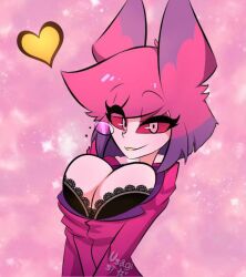 1girl 2021 alastor_(hazbin_hotel) alastoria_(hazbin_hotel) animal_ears artist_name bad_tag big_breasts breasts cameltoe cleavage colored_sclera eyelashes female female_alastor_(hazbin_hotel) female_focus genderswap genderswap_(mtf) hazbin_hotel heart highres large_breasts looking_at_viewer monocle pink_background pink_eyes pink_hair pink_sclera seductive_smile simple_background smile solo tagme usagi_star vivienne_medrano yellow_heart_(neptunia)