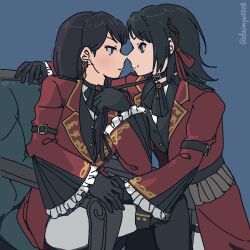 Rule 34 | 2girls, armchair, bang dream!, bang dream! it&#039;s mygo!!!!!, black gloves, black hair, blue background, blue eyes, brown hair, chair, closed mouth, coat, collar, commentary request, daimyo0208, earrings, gloves, hand on another&#039;s thigh, highres, holding, holding leash, jewelry, leash, long hair, long sleeves, multiple girls, noses touching, purple eyes, red coat, shiina taki, sitting, smile, twitter username, yahata umiri, yuri