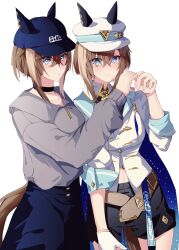 Rule 34 | 1girl, animal ears, baseball cap, black shorts, blue eyes, blue headwear, breasts, brown hair, character name, cheval grand (boc&#039;z) (umamusume), cheval grand (umamusume), dual persona, gloves, grey sweater, hair between eyes, hat, hat belt, heart, heart hands, heart in heart hands, highres, horse ears, horse girl, horse tail, jacket, long sleeves, medium breasts, multicolored hair, peaked cap, sb (akagikeai), shorts, simple background, single glove, skirt, streaked hair, sweater, tail, umamusume, white background, white gloves, white hair, white headwear, white jacket