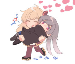 Rule 34 | 2girls, beamed eighth notes, black boots, black cape, blonde hair, blush, boots, cape, carrying, closed eyes, closed mouth, commentary request, emptyayya, grey hair, heart, long hair, multiple girls, musical note, paw print, pink eyes, princess carry, sky striker ace - raye, sky striker ace - roze, smile, tongue, tongue out, white background, yu-gi-oh!, yuri