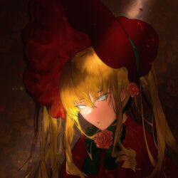 blonde_hair blue_eyes bonnet flower frilled_bonnet frills highres looking_to_the_side portrait red_bonnet red_flower rozen_maiden shadow shinku sunlight twintails yinggu