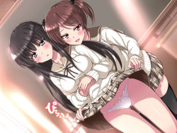 Rule 34 | 2girls, black hair, blast (artist), brown hair, clothes lift, long hair, lyricbox, minna de yareba kowakunai, multiple girls, panties, school uniform, short hair, skirt, skirt lift, tagme, thighhighs, underwear