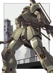 gun gundam mecha mobile_suit_gundam no_humans robot rocket_launcher ruins weapon zaku zaku_i