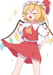 1girl absurdres ascot blonde_hair bloomers blush closed_eyes cowboy_shot crystal crystal_wings embodiment_of_scarlet_devil fang flandre_scarlet hair_between_eyes hat hat_ribbon highres masakamea mob_cap open_mouth puffy_short_sleeves puffy_sleeves red_skirt red_vest ribbon shirt short_hair short_sleeves side_ponytail simple_background skirt smile solo standing touhou underwear vest white_background wings yellow_ascot
