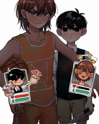 Rule 34 | 2boys, @ @, antenna hair, ball, bandaid, basketball (object), black eyes, black hair, black sweater vest, brown eyes, brown hair, brown shorts, closed mouth, collarbone, collared shirt, cowboy shot, expressionless, health bar, highres, holding, holding ball, holding knife, k toast, kel (faraway) (omori), kel (omori), knife, looking at viewer, multiple boys, omori, open mouth, orange shorts, shirt, short hair, short sleeves, shorts, sunny (omori), sweater vest, white shirt