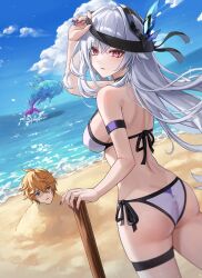 Rule 34 | 1boy, 1girl, absurdres, all-devouring narwhal (genshin impact), alternate costume, ass, beach, bikini, blindfold down, blue sky, breasts, buried, cloud, commentary, day, from behind, genshin impact, grey hair, halterneck, hashtag-only commentary, highres, horizon, long hair, looking at viewer, looking back, medium breasts, mookyuu9, ocean, orange hair, parted lips, red eyes, removing blindfold, shaded face, side-tie bikini bottom, skirk (genshin impact), sky, string bikini, swimsuit, tartaglia (genshin impact), thigh strap, white bikini