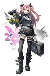 Rule 34 | 1girl, absurdres, artist name, belt, black belt, black boots, black ribbon, black shorts, black sleeves, black thighhighs, boots, closed mouth, commentary, detached sleeves, english commentary, franlol, full body, fur-trimmed shorts, fur trim, green eyes, hair ribbon, highres, holding, holding suitcase, long hair, nicole demara, parted bangs, pink hair, ribbon, shirt, short sleeves, shorts, simple background, smile, solo, standing, suitcase, thigh strap, thighhighs, torn clothes, torn thighhighs, two side up, white background, white shirt, zenless zone zero