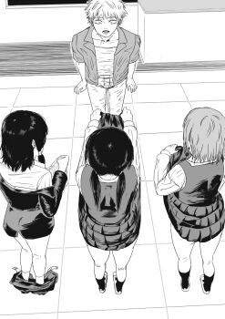 Rule 34 | 1boy, chainsaw man, clothes lift, clothes pull, denji (chainsaw man), exhibitionism, fami (chainsaw man), flashing, highres, k.rikina, lifting own clothes, mifune fumiko, mitaka asa, multiple girls, open mouth, public indecency, pulling own clothes, shirt lift, shirt pull, skirt, skirt lift, underwear