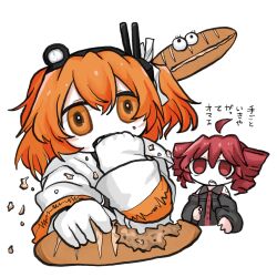 2girls a.i._voice adachi_rei ahoge baguette bread character-themed_food collared_shirt cookie_monster cropped_torso detached_ahoge detached_sleeves drill_hair eating food gloves hair_ribbon hand_in_mouth headlamp highres jacket kasane_teto kasane_teto_(utau) long_sleeves looking_at_another messy multiple_girls negishi_noren no_pupils one_side_up orange_eyes orange_hair radio_antenna red_eyes red_hair ribbon sesame_street sharp_teeth shirt simple_background sleeveless sleeveless_shirt teeth translation_request twin_drills upper_body utau white_background white_gloves