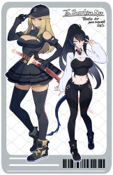 2girls adjusting_clothes adjusting_headwear baseball_cap belt black_dress black_gloves black_hat black_pants black_shoes black_thighhighs blonde_hair blush breasts brown_eyes character_name cleavage commission dark-skinned_female dark_skin dragon_horns dragon_tail dress ear_piercing elezen elf eyebrows_hidden_by_hair final_fantasy final_fantasy_xiv freckles from_side full_body gloves hat highres horns katana large_breasts lips long_hair looking_at_viewer matsumoto_tomoyohi multiple_girls navel one_eye_closed open_mouth pants piercing pointy_ears ponytail sapphira_nyx scabbard second-party_source sheath sheathed shoes smile sneakers stomach sweater sword tail teeth thighhighs tiptoes v very_long_hair warrior_of_light_(ff14) weapon white_sweater zettai_ryouiki