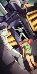1girl 2boys aeug artist_request belt boots fake_screenshot formal_clothes gloves gundam gundam_mk_ii gundam_perfect_file kai_shiden kamille_bidan machinery mecha mobile_suit multiple_boys official_art open_hatch promotional_art purple_hair reccoa_londe rescue robot scan science_fiction shorts suit traditional_media white_suit zeta_gundam