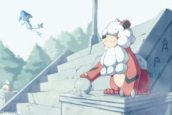 absurdres azelf cheesemine claws closed_mouth commentary creatures_(company) day game_freak gen_4_pokemon highres hisuian_form hisuian_growlithe legendary_pokemon nintendo no_humans outdoors pokemon pokemon_(creature) sitting smile stairs toes