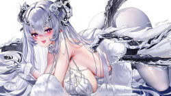 1girl absurdres all_fours ass black_horns black_tail breasts demon_girl gloves hair_between_eyes heart heart-shaped_pupils highres horns huge_breasts looking_at_viewer official_art original pantyhose red_eyes ren_(2993) simple_background solo symbol-shaped_pupils white_background white_gloves white_hair white_pantyhose