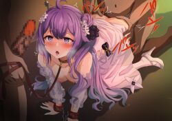 1girl 2boys ahoge all_fours animal_collar azur_lane bare_shoulders bdsm blush bondage bondage_cuffs bound bow breasts brown_choker chain choker chushou_wang clothed_female_nude_male clothed_sex clothes_lift clothes_pull collar collarbone cuffs curly_hair dark-skinned_male dark_skin doggystyle dress dress_bow dress_flower dress_lift dress_pull drooling erection eyelashes flower from_behind furrowed_brow grabbing_another&#039;s_ass gradient_hair groping group_sex hair_between_eyes hair_bun hair_flaps hair_flower hair_ornament half-closed_eyes handcuffs high_heels highres holding holding_leash leash long_hair long_sleeves looking_ahead motion_lines multicolored_hair multiple_boys nipples nude open_mouth penis purple_eyes purple_hair saliva see-through_clothes see-through_sleeves sex sex_from_behind side_ponytail slave small_breasts sweat tearing_up tears thighhighs tongue tongue_out torso_grab unicorn_(azur_lane) wavy_hair white_dress white_footwear white_thighhighs