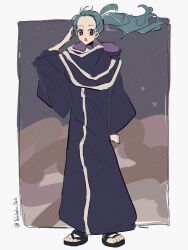 Rule 34 | 1girl, blue hair, commentary request, floating hair, full body, highres, looking at viewer, nefertari vivi, one piece, open mouth, ponytail, sand, sandals, solo, telushake opnk, twitter username