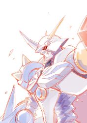 Rule 34 | as&#039;maria, commentary request, digimon, digimon (creature), green eyes, highres, horns, mecha, omegamon, profile, robot, signature, simple background, upper body, white background