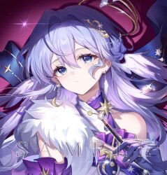 1girl absurdres aqua_eyes bare_shoulders closed_mouth detached_sleeves earrings face_jewel feather_boa floating_hair gloves guzangnanfeng hair_between_eyes halo head_wings highres holding honkai:_star_rail honkai_(series) jewel_under_eye jewelry long_hair looking_at_viewer official_alternate_costume purple_gloves purple_hair robin_(honkai:_star_rail) robin_(star_rail_live_2024)_(honkai:_star_rail) sample_watermark solo upper_body watermark wings