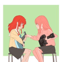 Rule 34 | 2girls, 55bata6rou, blue eyes, bocchi the rock!, closed mouth, feet out of frame, from side, gotoh hitori, grey skirt, guitar, hair between eyes, highres, holding, holding guitar, holding instrument, instrument, jacket, kita ikuyo, long hair, long sleeves, looking at another, multiple girls, on stool, pants, pants under skirt, pink hair, pink jacket, pink pants, pleated skirt, profile, red hair, school uniform, shuka high school uniform, sitting, skirt, stool, sweatdrop, track jacket, track pants, track suit