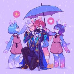 1boy 3girls artist_name ascot black_gloves black_pants black_shoes bloominflowers blue_hair blue_umbrella cane character_request coat dress furry furry_female genshin_impact gloves heart holding holding_cane holding_umbrella long_coat melusine_(genshin_impact) multiple_girls neuvillette_(genshin_impact) on_one_knee open_clothes open_coat pants pink_dress purple_background purple_hair rain red_hair shoes short_hair sleeveless sleeveless_dress speech_bubble spoken_heart tail umbrella white_ascot white_hair