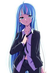 1girl absurdres alternate_costume alternate_hairstyle belt black_belt black_jacket black_pants blazer blue_eyes blue_hair collar_tug commentary cowboy_shot cure_sky cut_bangs dress_shirt earrings hair_down half-closed_eyes highres hirogaru_sky!_precure jacket jewelry long_hair long_sleeves looking_at_viewer loose_necktie multicolored_hair navel necktie pants parted_lips pink_hair precure reverse_trap s-operator shirt single_sidelock solo sora_harewataru streaked_hair untucked_shirt very_long_hair white_shirt wing_collar