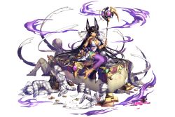 1girl animal_ears anubis_(kamihime_project) artist_request black_hair breasts cleavage coffin coin earrings full_body gold_bar gold_coin green_eyes headband high_heels holding holding_staff hoop_earrings jewelry kamihime_project mummy official_art staff third-party_source transparent_background usekh_collar