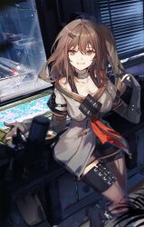 1girl black_boots black_shorts black_skirt boots breasts brown_hair cleavage collarbone girls&#039;_frontline girls&#039;_frontline_2:_exilium hair_ornament hairpin highres indoors jacket k2_(girls&#039;_frontline) long_hair looking_at_viewer medium_breasts multiple_hairpins one_side_up short_shorts shorts skirt smile solo white_jacket yoohee_(girls&#039;_frontline_2) yuki_miio