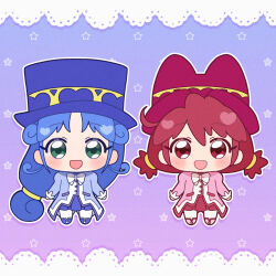 2girls :d ahoge artist_name blue_background blue_boots blue_coat blue_hair blue_hat blue_skirt blush boots bow bowtie buttons chibi chibi_only coat commentary curly_hair fine_(futagohime) full_body fushigiboshi_no_futago_hime gradient_background green_eyes hair_between_eyes hair_intakes hat highres lace_background long_hair long_sleeves looking_at_viewer low-tied_long_hair low_twintails matching_outfits multiple_girls no_nose open_mouth overcoat pantyhose pink_boots pink_coat pleated_skirt pom_pom_(clothes) pom_pom_footwear puffy_long_sleeves puffy_sleeves purple_background red_eyes red_hair red_hat red_skirt rein_(futagohime) revision siblings side-by-side sisters skirt smile standing star_(symbol) star_symbol_background top_hat twins twintails two-tone_background umiyuki_(umi_chu) white_bow white_bowtie white_pantyhose